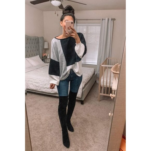 Women Sweater Long Sleeve Color Block Knit Pullover Casual Loose Top - Picture 3 of 9